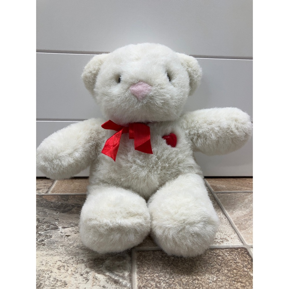 Vintage 1994 Plush Creations Inc White Teddy Bear Red Bow Heart 10 inch Plush
